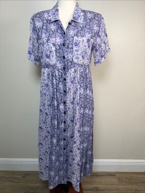 Vtg 90s April Cornell Midi Dress XS Purple Patchwork Floral Button front Prairie